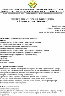 Конспект открытого урока русского языка  в 5 классе по теме "Омонимы"