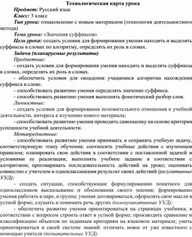 Обложка для материала Технологическая карта по русскому языку "Значение суффиксов 3 класс"