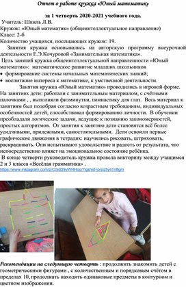 Отчёт о проведённой работе кружка "Юный математик".