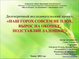 Обложка для материала Презентация проекта "Наш горох совсем не плох, вырос на окошке, подставляй ладошки"