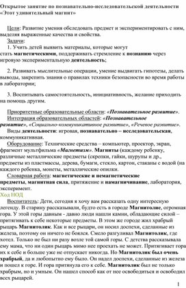 Открытое занятие по познавательно-исследовательской деятельности «Этот удивительный магнит»