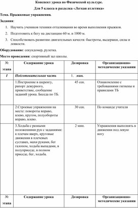 Конспект урока в разделе Легкая атлетика. Тема "Прыжковые упражнения"