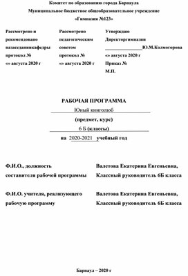 Рабочая программа для 6 класса. Внеурочная деятельность "Юный книголюб"