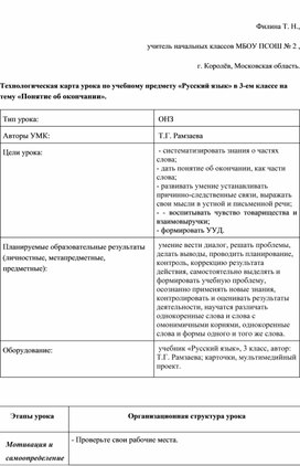 Урок русского языка "Понятие об окончании" 3 класс