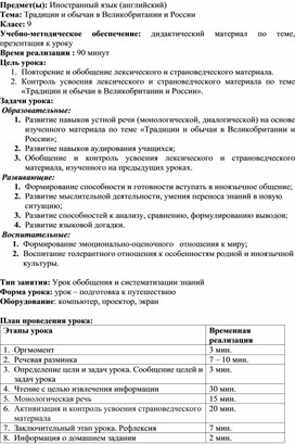 Сценарий урока английского языка по теме "Обычаи и традиции Великобритании и России" для9 класса