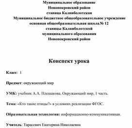 Технологическая карта урока по окружающему миру на тему "Кто такие птицы?" (1 класс, окружающий мир)