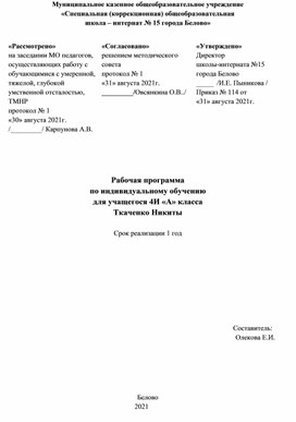 Программа индивидуального обучения для 4 класса "И" школы 8 вида