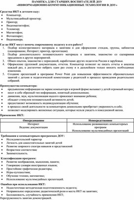 ПАМЯТКА ДЛЯ СТАРШИХ ВОСПИТАТЕЛЕЙ ДОУ «ИНФОРМАЦИОННО-КОММУНИКАЦИОННЫЕ ТЕХНОЛОГИИ В ДОУ»