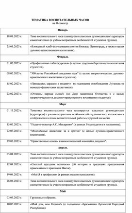 Тематика воспитательных часов на II семестр для  государственного бюджетного образовательного учреждение среднего профессионального образования