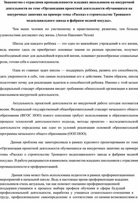 Знакомство с отраслями промышленности младших школьников на внеурочной деятельности по теме «Организация проектной деятельности обучающихся на внеурочных занятиях на примере темы «Рассказ о строительстве Троицкого медеплавильного завода и фабрики медной посуды».