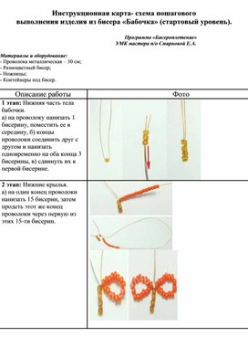 Инструкционная карта "Бабочка" (стартовый уровень).  Дополнительная общеразвивающая программа художественной направленности "Бисероплетение"
