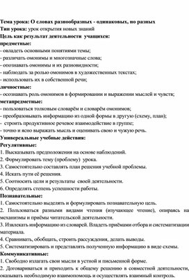 Обложка для материала Конспект урока 5 класс "О словах разнообразных-одинаковых, но разных"
