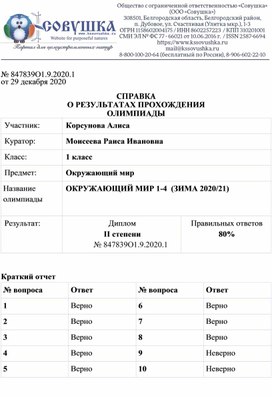 Обложка для материала № 847839О1.9.2020.1 от 29 декабря 2020  СПРАВКА О РЕЗУЛЬТАТАХ ПРОХОЖДЕНИЯ ОЛИМПИАДЫ Участник: 	Корсунова Алиса Куратор:	Моисеева Раиса Ивановна Класс:	1 класс Предмет:	Окружающий мир