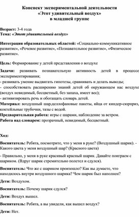 Экспериментальная деятельность в младшей группе "Этот удивительный воздух"