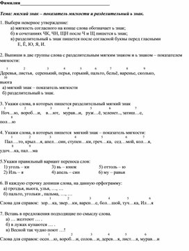 Тест по русскому языку для 2 класса по теме "Мягкий знак показатель мягкости и разделительный мягкий знак"