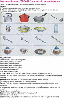 Обложка для материала Конспект беседы Посуда в средней группе