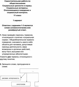 Самостоятельная работа по обществознанию Социальные ценности и нормы 11 класс