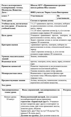 Разработка урока на тему "Состав и строение атома"