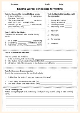 Обложка для материала Рабочий лист "Linking Words: connectors for writing". 8 класс.