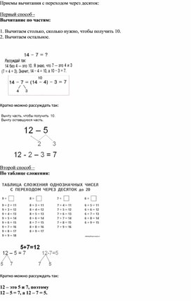 Дополнительные материалы для начальной школы по теме "Вычитание в пределах 20 с переходом через 10"