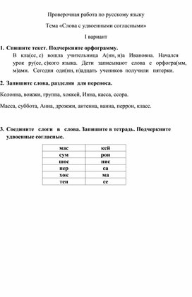Проверочная работа по русскому языку