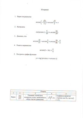 Дидактические материалы по теме "Обратные тригонометрические функции. Свойства и графики."