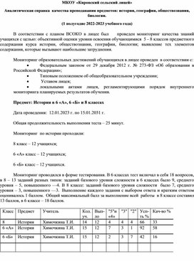 Аналитическая справка  качества преподавания предметов: истории,