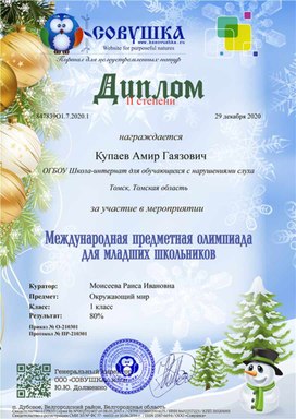 Обложка для материала Олимпиада "Окружающий мир" Диплом 2 степени Купаева Амира