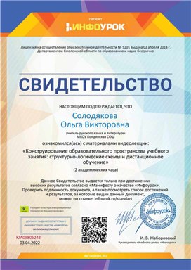Обложка для материала Свидетельство "Конструирование образовательного пространства"