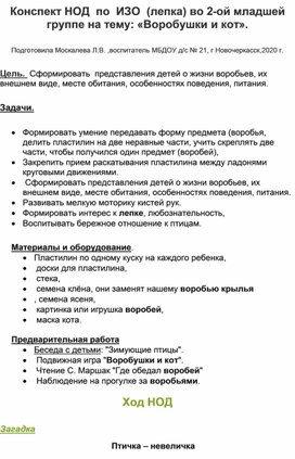 Конспект НОД по ИЗО ( лепка) во 2-ой младшей группе на тему:" Воробушки и кот".