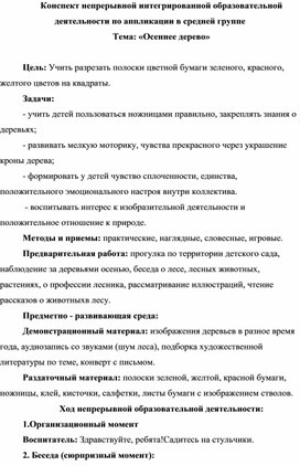 Конспект непрерывной интегрированной образовательной деятельности по аппликации в средней группе Тема: «Осеннее дерево»