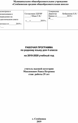 Рабочая программа по родному  языку для 4 класса