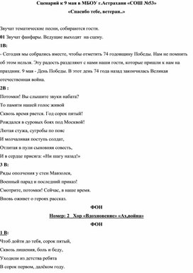 Сценарий к 9 мая в МБОУ г.Астрахани «СОШ №53» «Спасибо тебе, ветеран..»