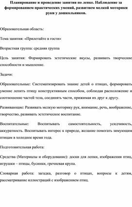 Название работы: планирование и проведение занятия по лепке в старшей группе