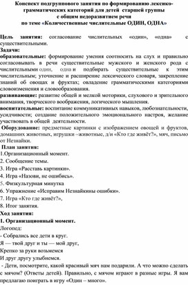 Конспект подгруппового занятия по формированию лексико-грамматических категорий для детей  старшей группы  с общим недоразвитием речи  по теме «Количественные числительные ОДИН, ОДНА»