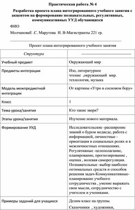 Разработка проекта плана интегрированного учебного занятия с акцентом на формирование познавательных, регулятивных, коммуникативных УУД обучающихся.