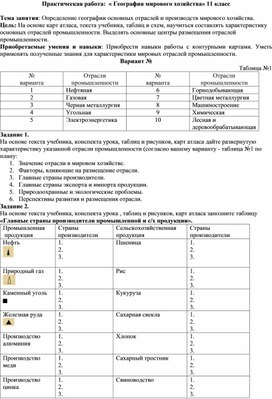 Практическая работа:  « География мирового хозяйства» 11 класс