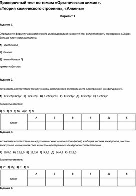 Проверочный тест по темам «Органическая химия», «Теория химического строения», «Алкены»