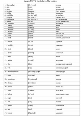 6 класс. UNIT 6. Test: «The weather»