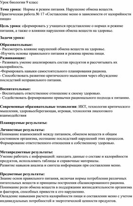 Конспект урока по биологии по теме "Практическая работа по теме "Составление меню в зависимости от калорийности пищи"