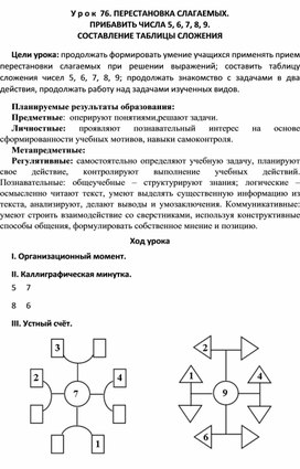 Обложка для материала Конспект урока по теме:ПЕРЕСТАНОВКА СЛАГАЕМЫХ. ПРИБАВИТЬ ЧИСЛА 5, 6, 7, 8, 9. СОСТАВЛЕНИЕ ТАБЛИЦЫ СЛОЖЕНИЯ(1 класс)