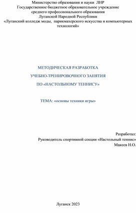 МЕТОДИЧЕСКАЯ РАЗРАБОТКА УЧЕБНО-ТРЕНИРОВОЧНОГО ЗАНЯТИЯ ПО «НАСТОЛЬНОМУ ТЕННИСУ»  ТЕМА: «ОСНОВЫ ТЕХНИКИ ИГРЫ»