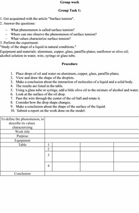 Wetting, capillary phenomena Cards for groups