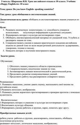 Конспект урока английского языка 10 класс " Do you know English- speaking countries?"