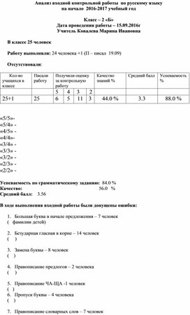 Анализ входной контрольной работы по русскому языку  2 класс