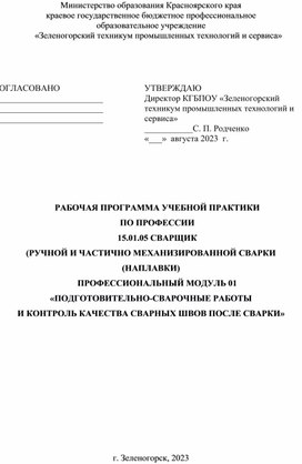 Обложка для материала Рабочая программа учебной практики по Профессиональному модулю 01 15.01.05 Сварщик (ручной и частично механизированной сварки (наплавки)