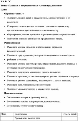 Урок по русскому языку " Главные и второстепенные члены предложения"