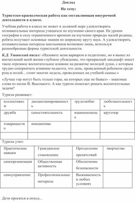 Доклад На тему: Туристско-краеведческая работа как составляющая внеурочной деятельности в классе.