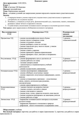 Конспект урока русского языка "Определение падежей" УМК "Система Занкова" 3 класс