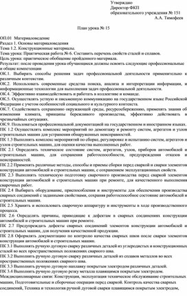 План урока по  ОП.01  Материаловедение "Практическая работа № 6. Составить перечень свойств сталей и сплавов"